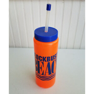 Vintage Blockbuster Beach Party Neon Orange Plastic Water Bottle 80s 90s RARE